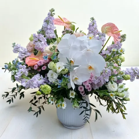 Petal Reflections phalaenopsis orchid, hydreangea, matthiola and eustoma table arrangement for birthday or anniversary with delivery in Kuala Lumpur and Selangor