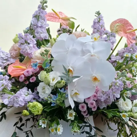Petal Reflections phalaenopsis orchid, hydreangea, matthiola and eustoma table arrangement for birthday or anniversary with delivery in Kuala Lumpur and Selangor