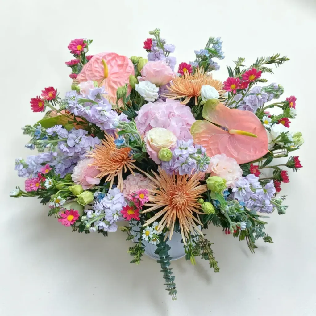 Garden Whispers hydreangea, matthiola and eustoma table arrangement for birthday or anniversary with delivery in  Kuala Lumpur and Selangor
