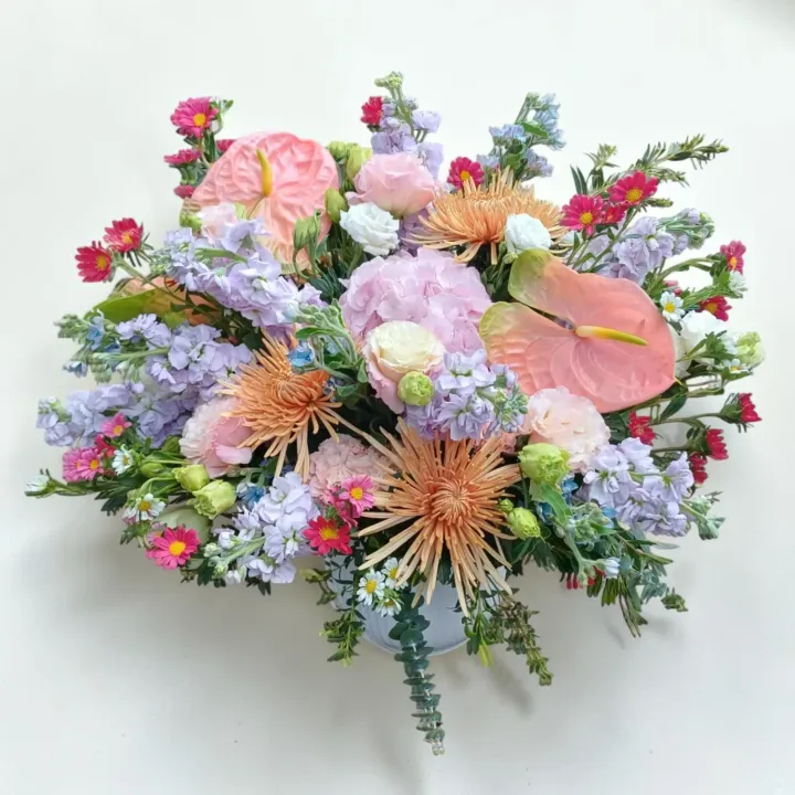 Garden Whispers hydreangea, matthiola and eustoma table arrangement for birthday or anniversary with delivery in  Kuala Lumpur and Selangor