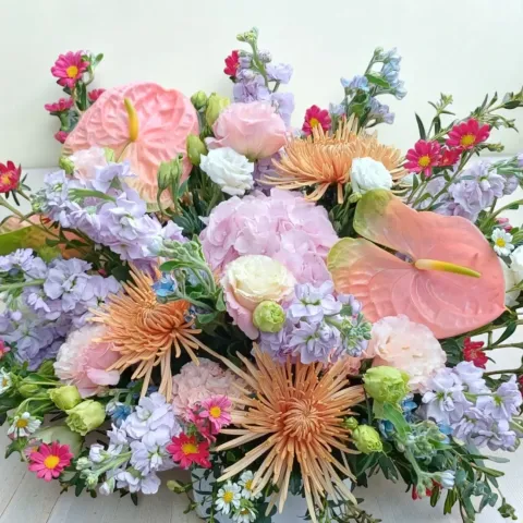 Garden Whispers hydreangea, matthiola and eustoma table arrangement for birthday or anniversary with delivery in  Kuala Lumpur and Selangor