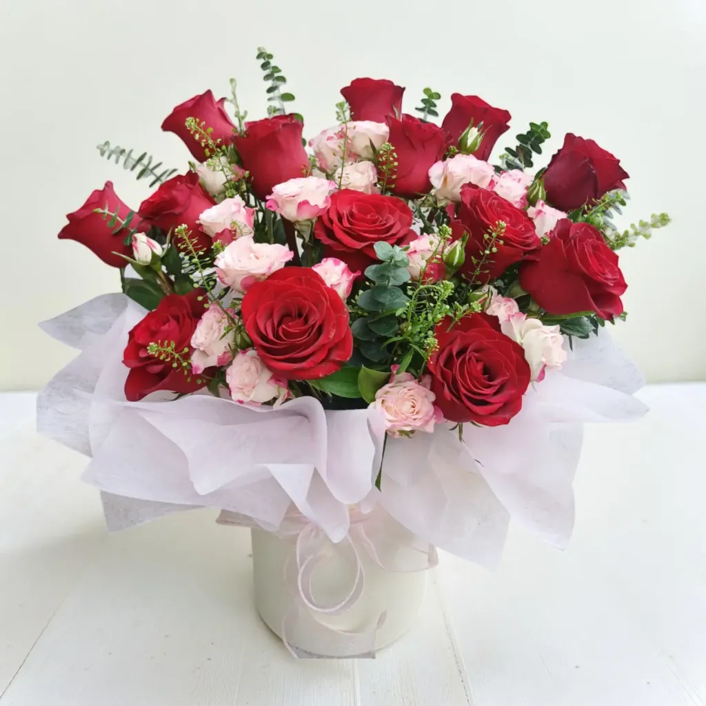 Endless Love eucalyptus and spray roses table arrangement for birthday or anniversary with delivery in Kuala Lumpur and Selangor