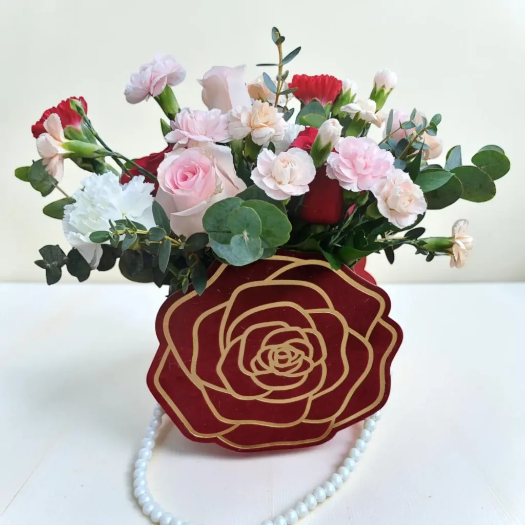 Floral Treasure rose and carnation table arrangement for birthday or anniversary with delivery in Kuala Lumpur and Selangor