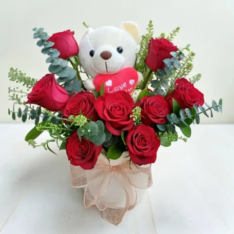 Honey Glow rose and eucalyptus with teddy bear table arrangement for birthday or anniversary with delivery in Kuala Lumpur and Selangor