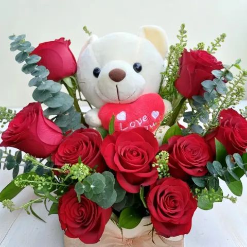 Honey Glow rose and eucalyptus with teddy bear table arrangement for birthday or anniversary with delivery in Kuala Lumpur and Selangor