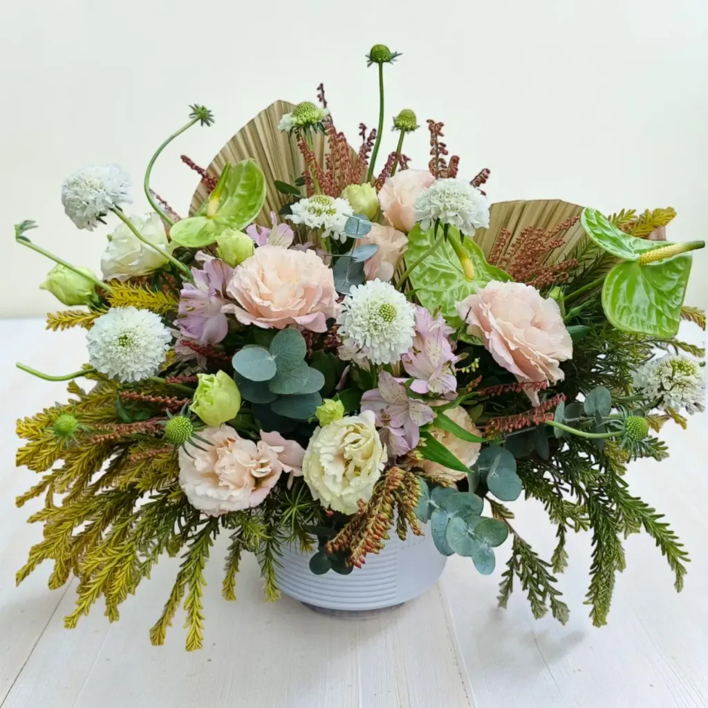 Petal Harmony alstromeria and scabiosa table arrangement for birthday or anniversary with delivery in Kuala Lumpur and Selangor