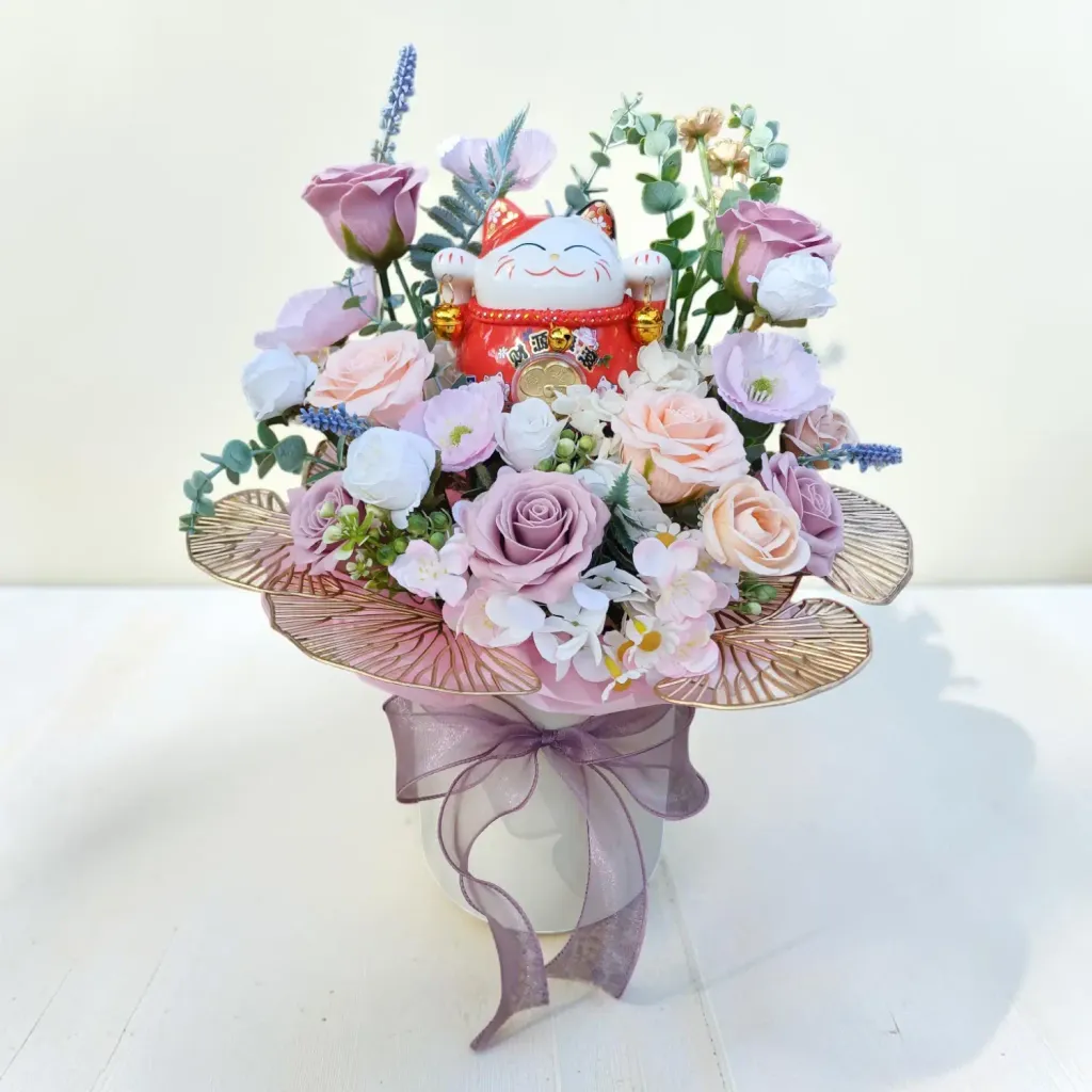 Auspicious Beginnings soap roses and artificial flowers table arrangement for grand opening with delivery in Kuala Lumpur and Selangor