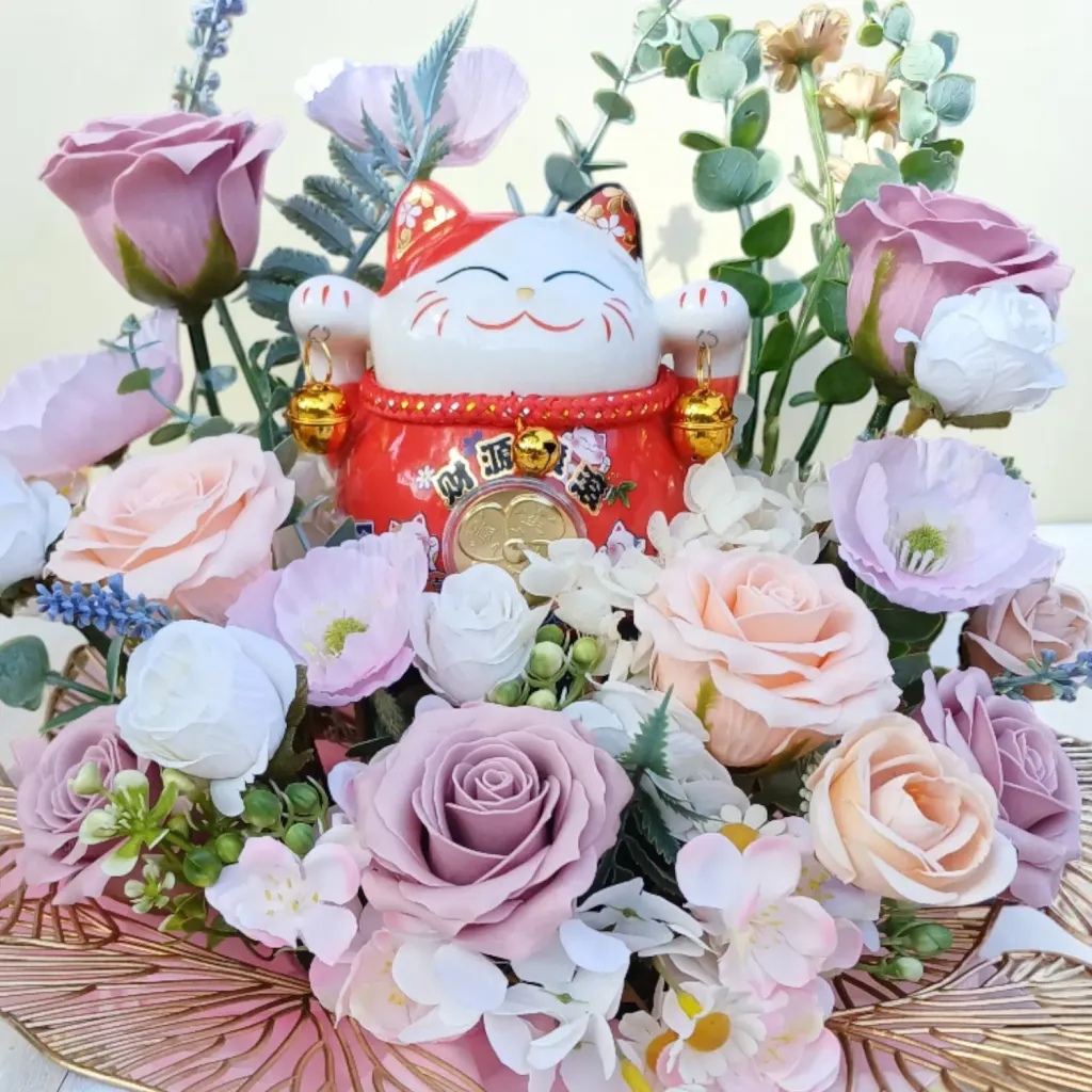 Auspicious Beginnings soap roses and artificial flowers table arrangement for grand opening with delivery in Kuala Lumpur and Selangor