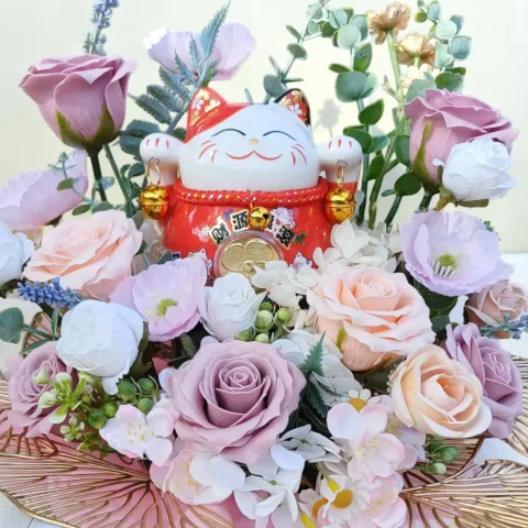 Auspicious Beginnings soap roses and artificial flowers table arrangement for grand opening with delivery in Kuala Lumpur and Selangor