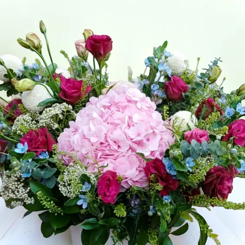 Floral Serenity hydrangea and eustoma table arrangement for birthday or anniversary with delivery in Kuala Lumpur and Selangor
