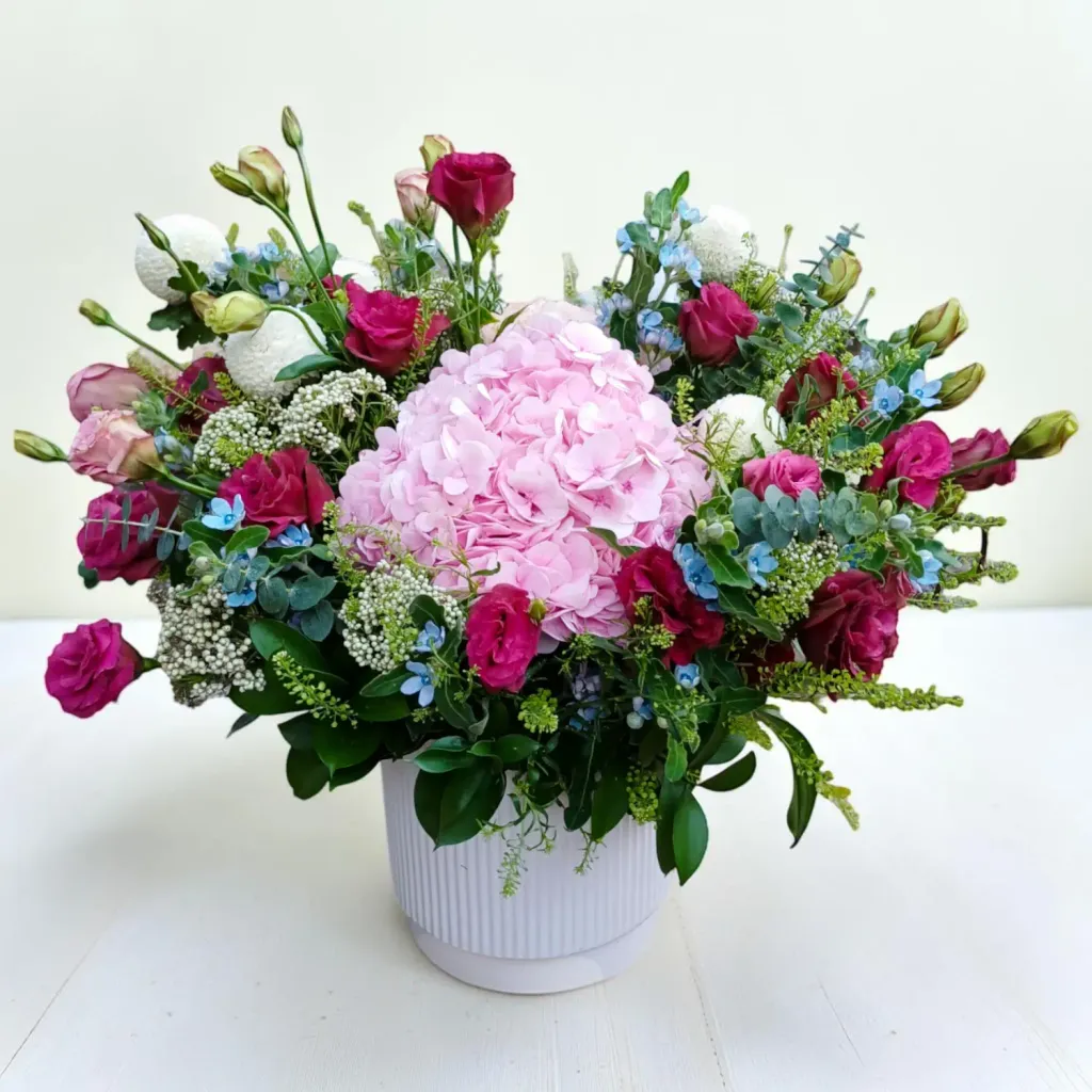 Floral Serenity hydrangea and eustoma table arrangement for birthday or anniversary with delivery in Kuala Lumpur and Selangor