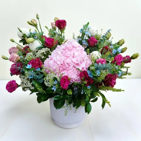 Floral Serenity hydrangea and eustoma table arrangement for birthday or anniversary with delivery in Kuala Lumpur and Selangor