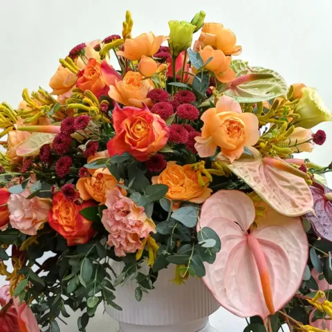Blooming Grace anthurium, kangaroo paw and rose table arrangement for birthday or anniversary with delivery in Kuala Lumpur and Selangor