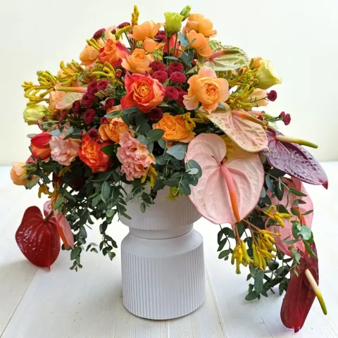 Blooming Grace anthurium, kangaroo paw and rose table arrangement for birthday or anniversary with delivery in Kuala Lumpur and Selangor