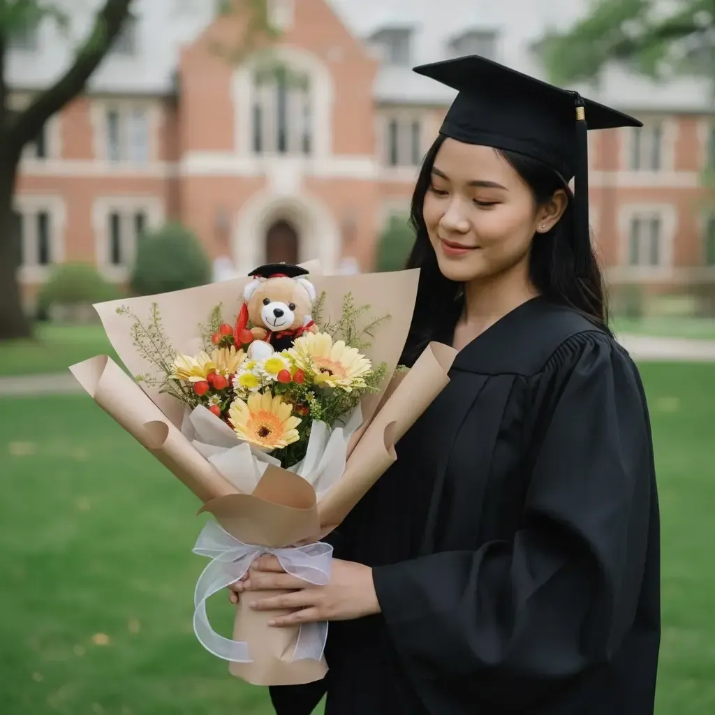 Bloom & Grace gerberas, pom pom, berries and graduation bear flower bouquet for graduation with delivery across KL & Selangor
