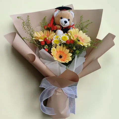 Bloom & Grace gerberas, pom pom, berries and graduation bear flower bouquet for graduation with delivery across KL & Selangor