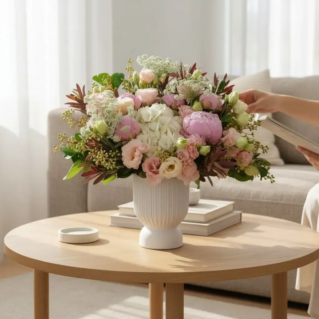 Floral Rhapsody hydrangea, peonies, eustoma and leucadendron table arrangement for birthday and anniversary with delivery in KL and Selangor