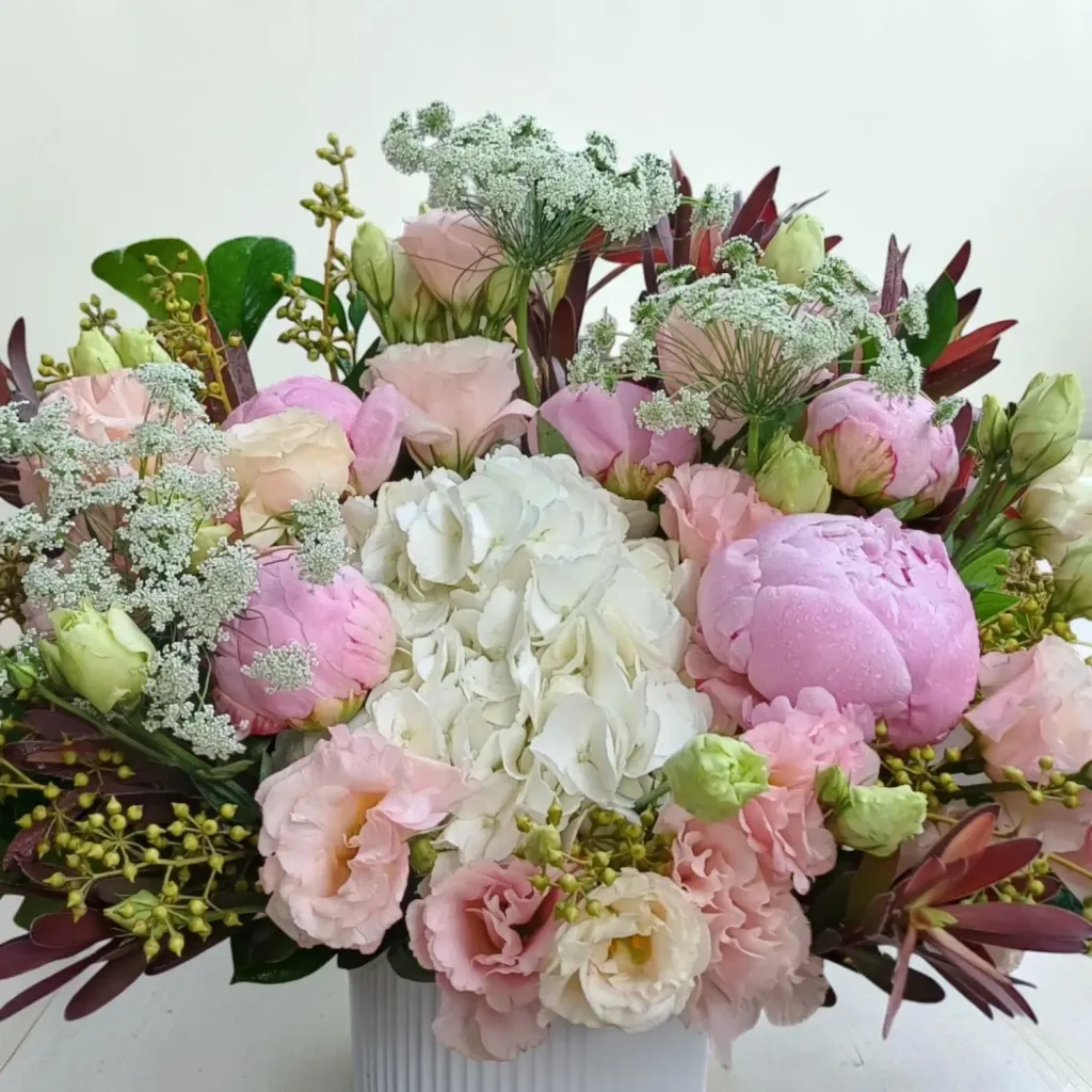 Floral Rhapsody hydrangea, peonies, eustoma and leucadendron table arrangement for birthday and anniversary with delivery in KL and Selangor