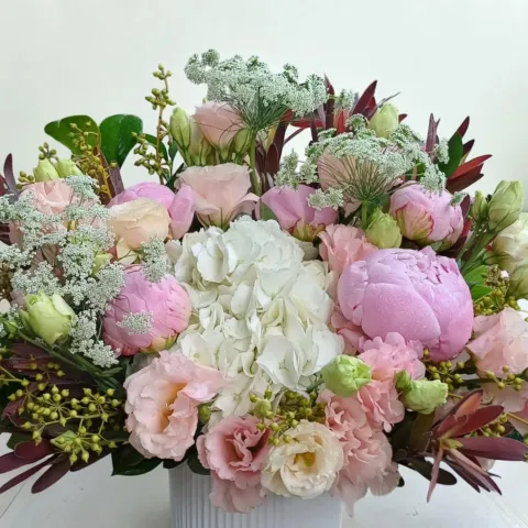 Floral Rhapsody hydrangea, peonies, eustoma and leucadendron table arrangement for birthday and anniversary with delivery in KL and Selangor
