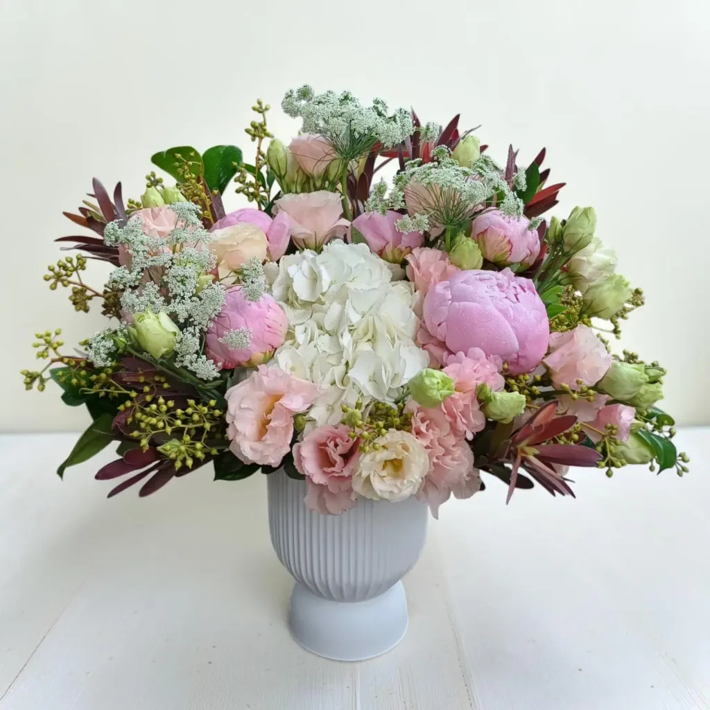 Floral Rhapsody hydrangea, peonies, eustoma and leucadendron table arrangement for birthday and anniversary with delivery in KL and Selangor