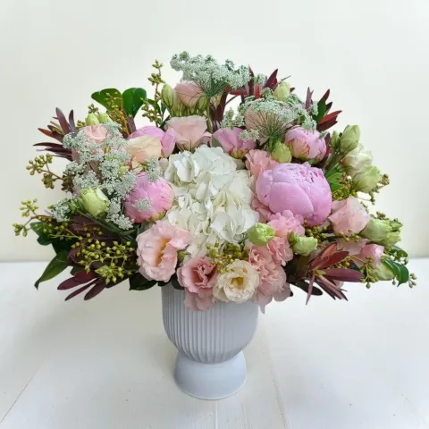 Floral Rhapsody hydrangea, peonies, eustoma and leucadendron table arrangement for birthday and anniversary with delivery in KL and Selangor