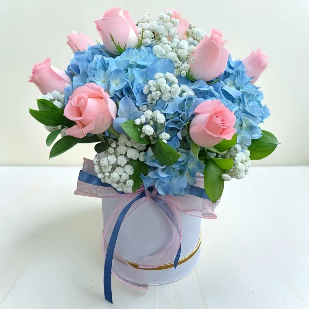 Tranquil Bloom hydrangea, roses, baby's breath and ruscus table arrangement for birthday or anniversary with delivery in KL and Selangor