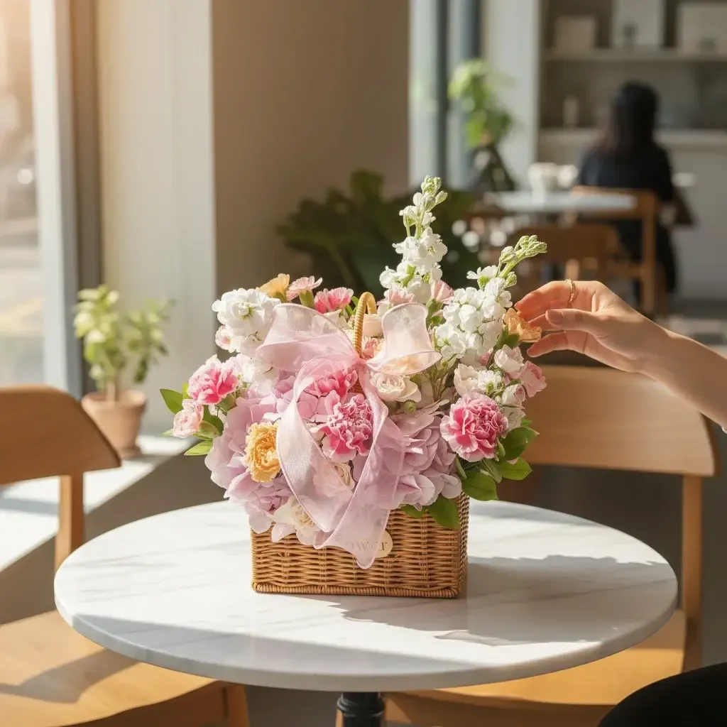 Ivory Meadow hydrangea, roses, matthiolas and eustomas table arrangement for birthday or anniversary with delivery in KL and Selangor