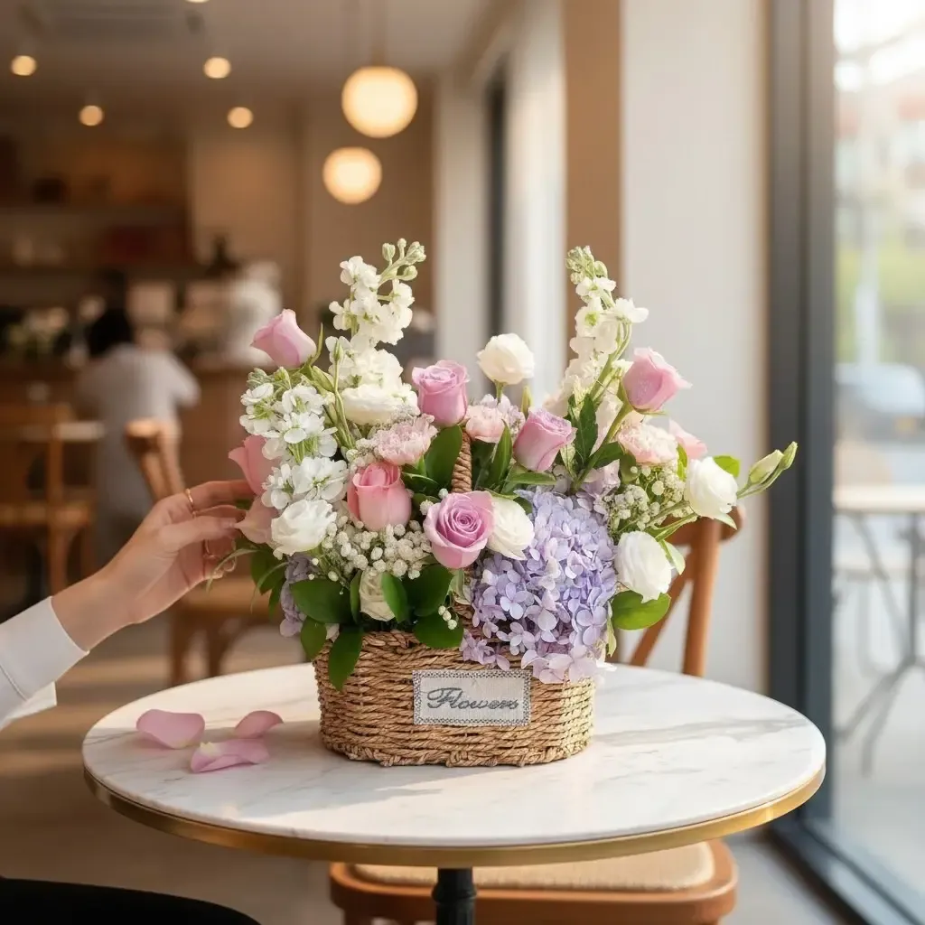 Ivory Meadow hydrangea, roses, matthiolas and eustomas table arrangement for birthday or anniversary with delivery in KL and Selangor