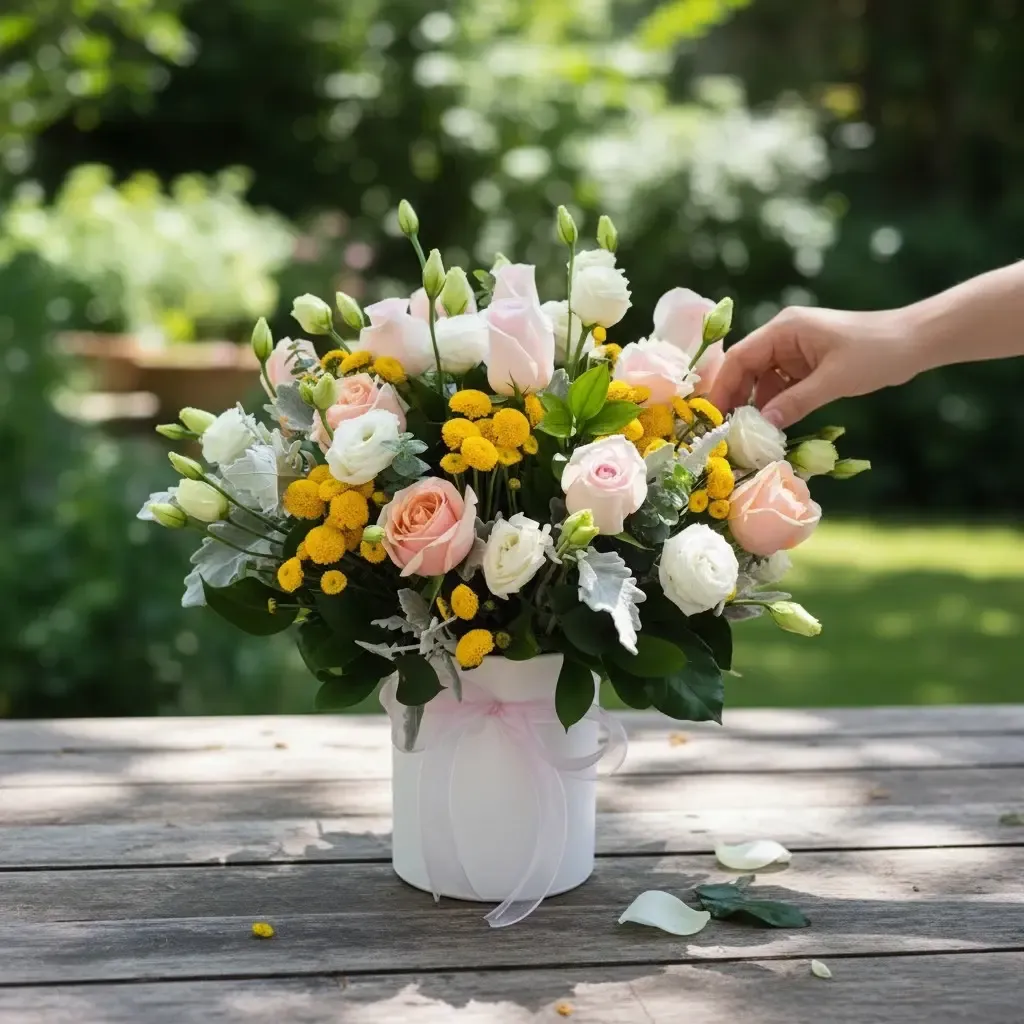 Blossom Haven Roses, Eustoma, Calimero, Eucalyptus and Dusty Miller table arrangement for birthday or anniversary with delivery in KL and Selangor