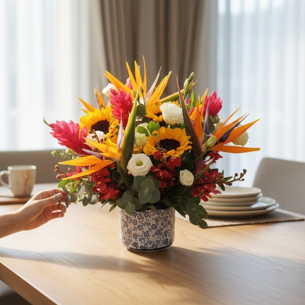 Elegant Meadow sunflower and bird of paradise table arrangement for birthday or anniversary with delivery in Kuala Lumpur and Selangor
