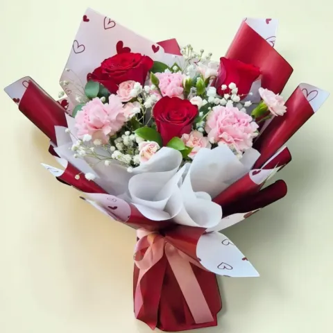Radiant Blossom roses and carnations hand bouquet for Mother's Day or birthday with delivery in Kuala Lumpur and Selangor