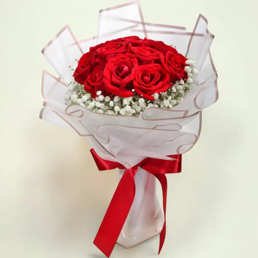 Scarlet Charm rose and baby’s breath hand bouquet for birthday or anniversary with delivery in Kuala Lumpur and Selangor