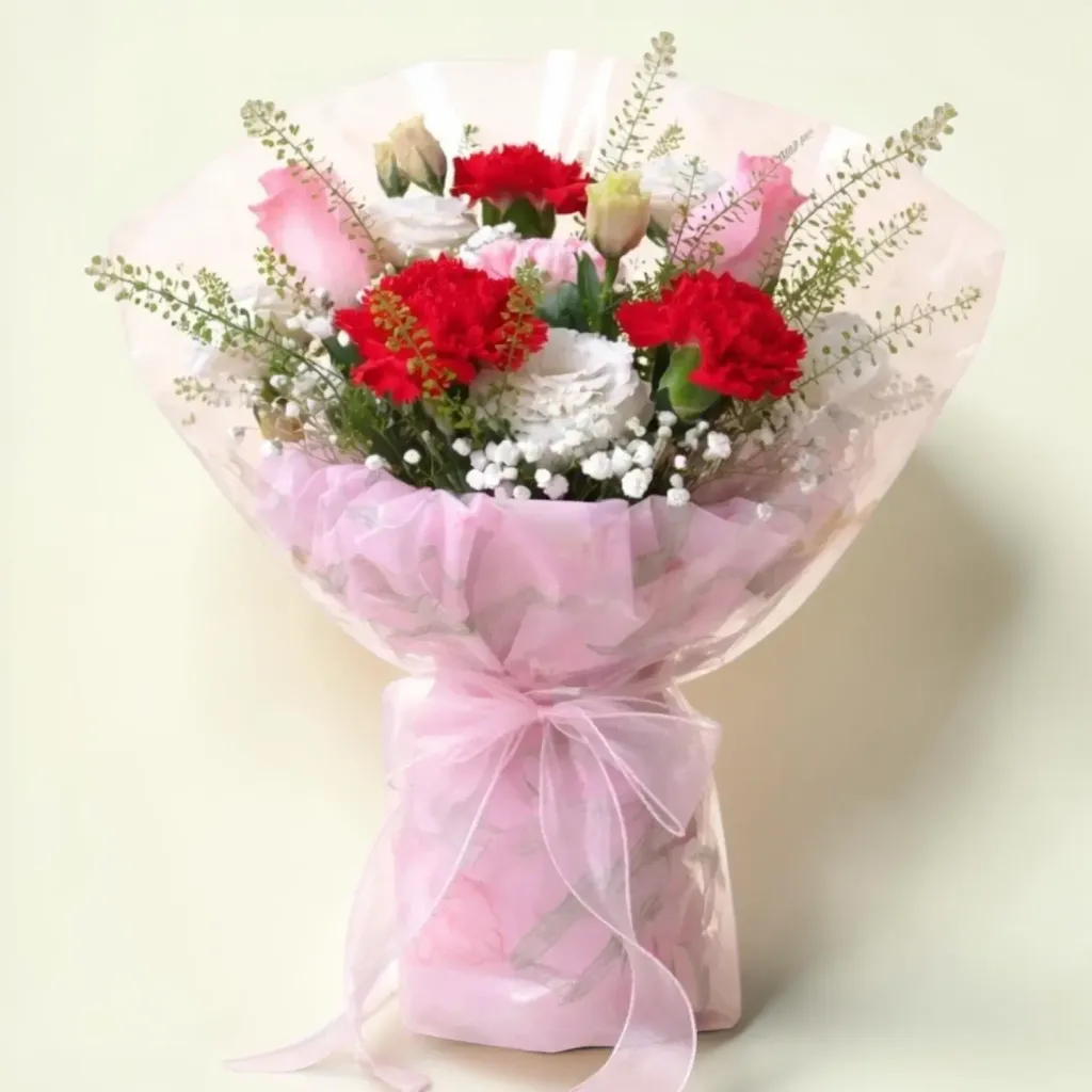Enchanted Garden roses, carnations and eustomas hand bouquet for Mother's Day or birthday with delivery in Kuala Lumpur and Selangor