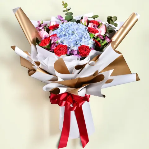 Elegant Devotion hydrangea, rose and carnation hand bouquet for birthday or anniversary with delivery in Kuala Lumpur and Selangor