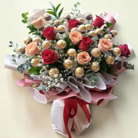 Beloved Bloom roses and Ferrero Rocher chocolates hand bouquet for birthday or anniversary with delivery in Kuala Lumpur and Selangor