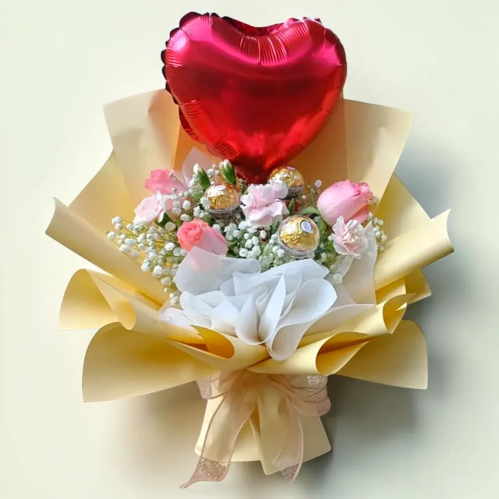 Blissful Petals roses and Ferrero Rocher hand bouquet for Mother's Day or birthday with delivery in Kuala Lumpur and Selangor
