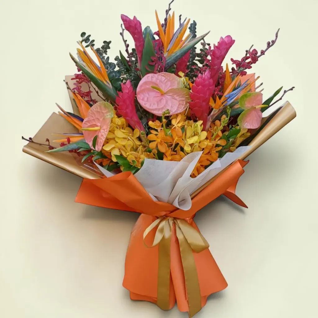 Harmony Blossom bird of paradise, orchid, red ginger and anthurium hand bouquet for birthday or anniversary with delivery in Kuala Lumpur and Selangor