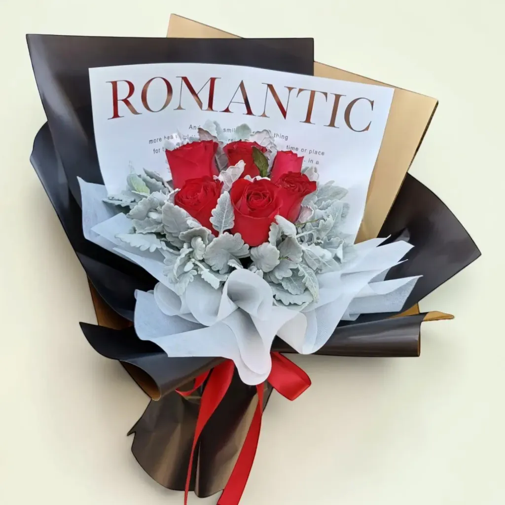 Blissful Embrace rose and dusty miller hand bouquet for birthday or anniversary with delivery in Kuala Lumpur and Selangor