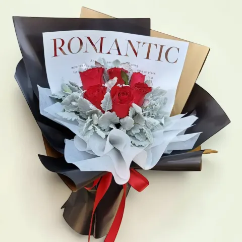 Blissful Embrace rose and dusty miller hand bouquet for birthday or anniversary with delivery in Kuala Lumpur and Selangor
