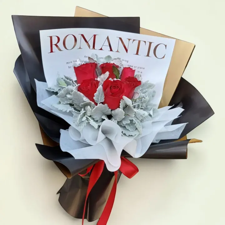 Blissful Embrace rose and dusty miller hand bouquet for birthday or anniversary with delivery in Kuala Lumpur and Selangor