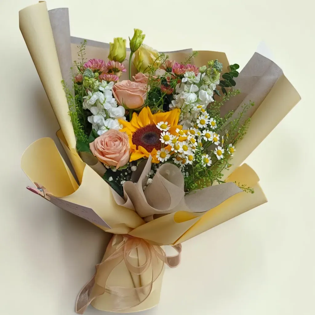 Petal Symphony sunflower and matthiola hand bouquet for birthday or anniversary with delivery in Kuala Lumpur and Selangor