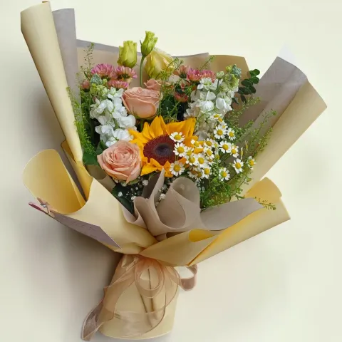 Petal Symphony sunflower and matthiola hand bouquet for birthday or anniversary with delivery in Kuala Lumpur and Selangor