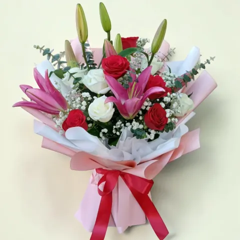 Harmony in Bloom lilies and rose hand bouquet for birthday or anniversary with delivery in Kuala Lumpur and Selangor
