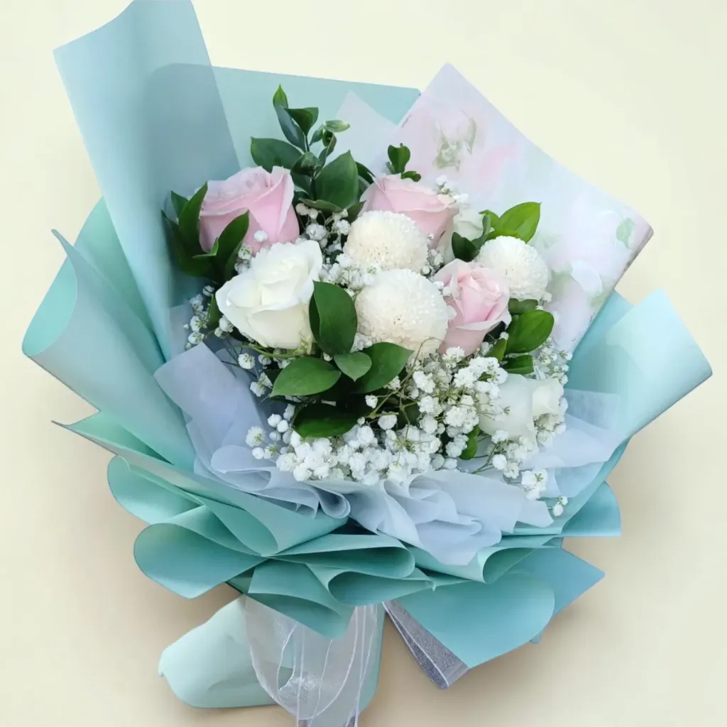 Rosy Delight ping pong and rose hand bouquet for birthday or anniversary with delivery in Kuala Lumpur and Selangor