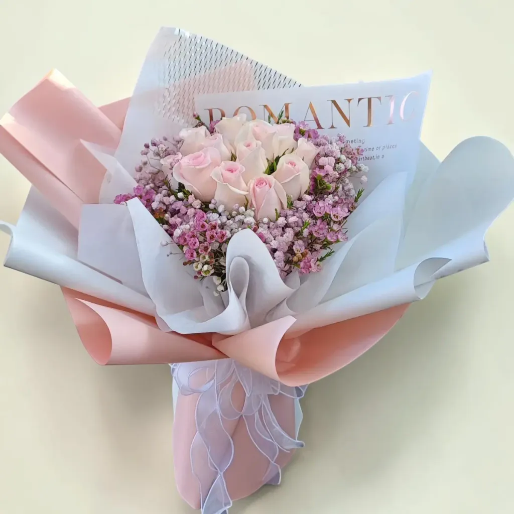 Pure Romance rose and baby’s breath hand bouquet for birthday or anniversary with delivery in Kuala Lumpur and Selangor