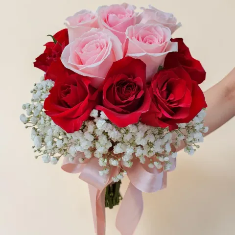 Blooming Joy rose and baby’s breath hand bouquet for bridal or wedding with delivery in Kuala Lumpur and Selangor