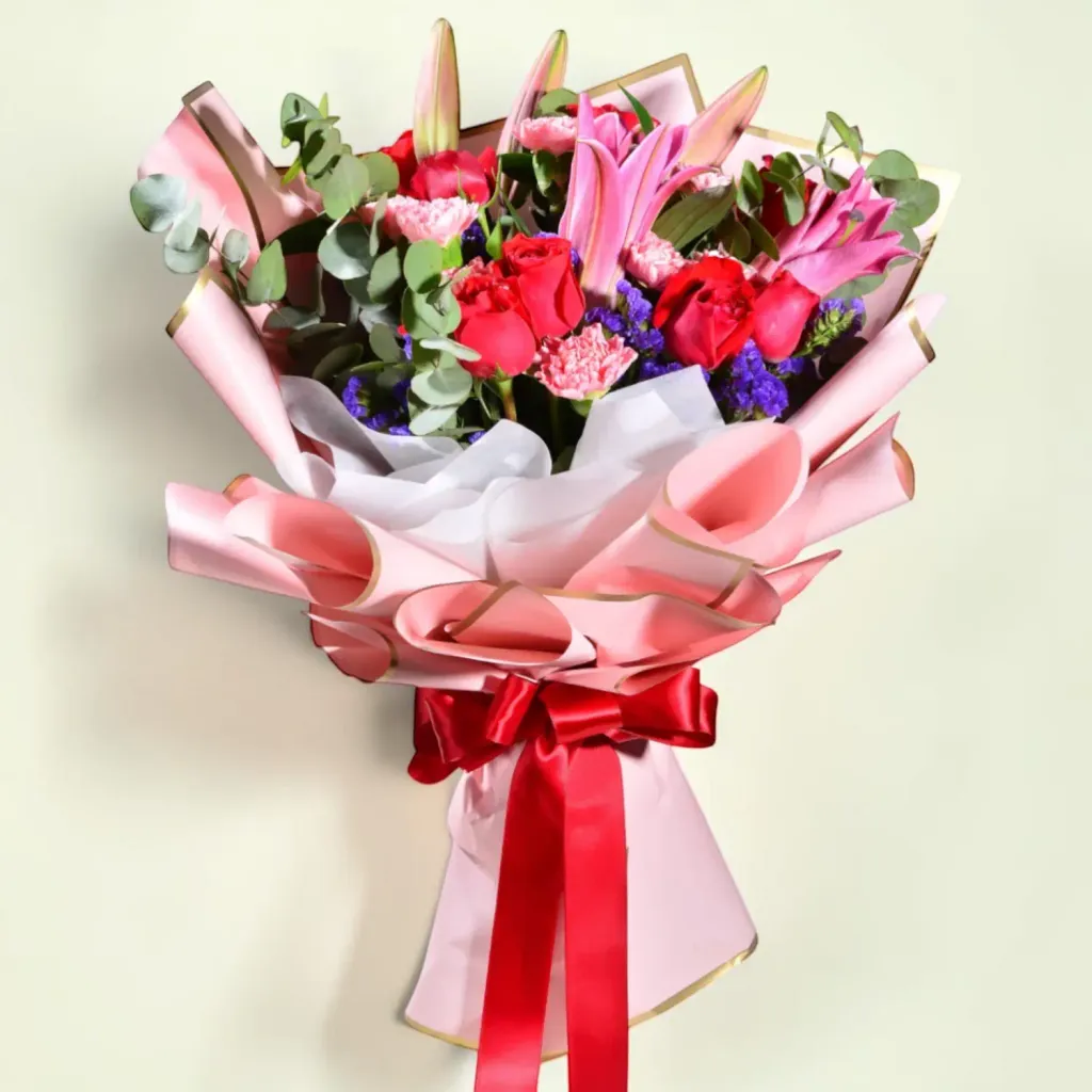 Moonlight Whisper lilies, carnation and rose hand bouquet for birthday or anniversary with delivery in Kuala Lumpur and Selangor