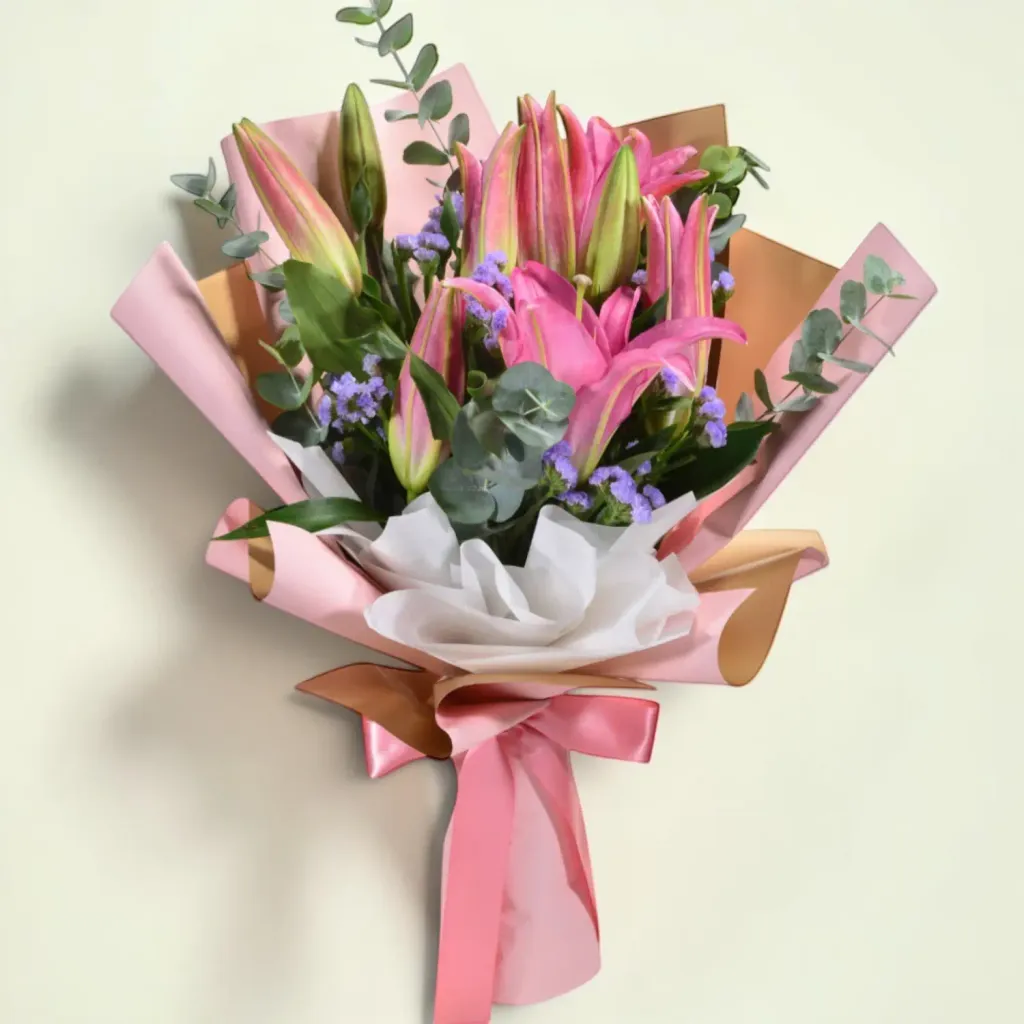 Secret Garden lilies and statice hand bouquet for birthday or anniversary with delivery in Kuala Lumpur and Selangor