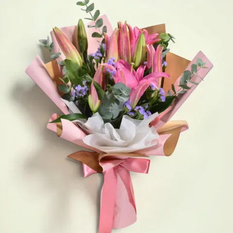 Secret Garden lilies and statice hand bouquet for birthday or anniversary with delivery in Kuala Lumpur and Selangor