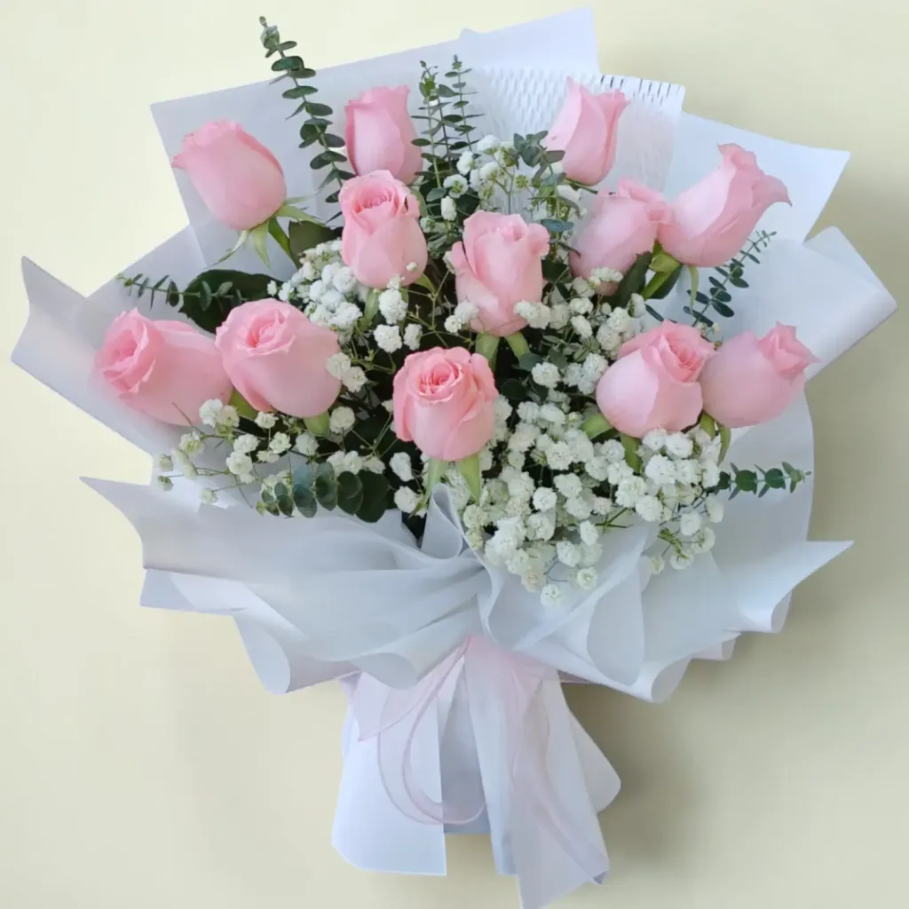 Eternal Devotion rose, baby’s breath and eucalyptus hand bouquet for birthday or anniversary with delivery In Kuala Lumpur and Selangor